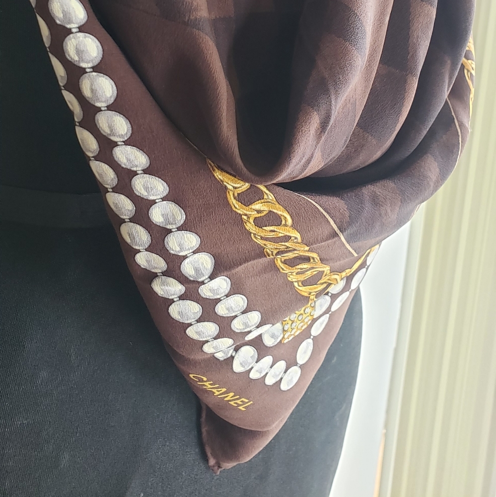Chanel Brown & Gold Square Silk Scarf - Picture 6 of 9